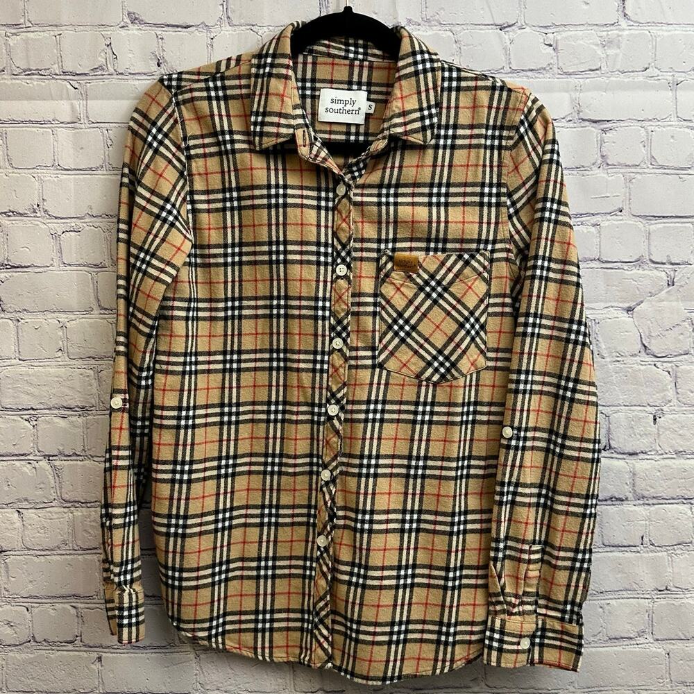 Simply Southern Long Sleeve Flannel Tan Black Red Plaid Women's Small